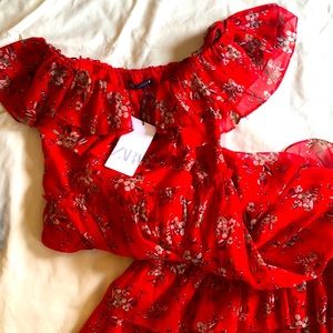 Red floral summer dress, off the shoulder